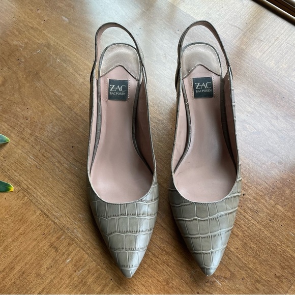 Zac Posen Tan Leather Reptile Print Slingback Point Toe Kitten Heels size 8 - Picture 1 of 12